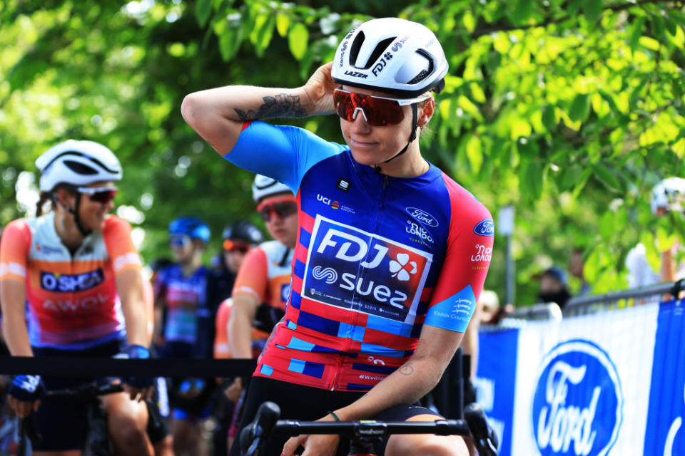 MALDON ENGLAND  MAY 27 Clara Copponi of France and Team FDJ  SUEZ  Sprint Jersey prior to the 6th RideLondon Classique 2023 Stage 2 a 1331km stage from Maldon to Maldon  UCIWWT  on May 27 2023 in Maldon England Photo by Stephen PondGetty Images