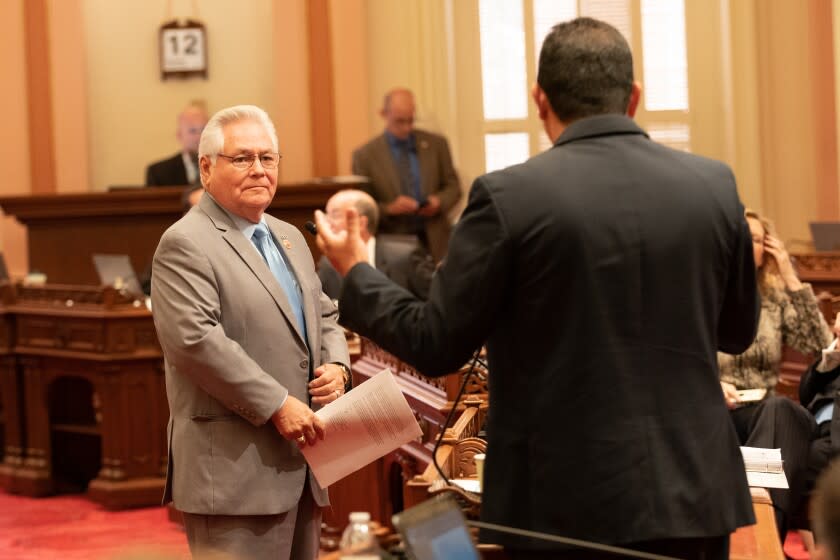 SACRAMENTO CA SEPTEMBER 9, 2019 -- Sen. Bob Archuleta (D-Pico Rivera) discusses legislation during Senate floor debate at the state Capitol on Aug. 29, 2019. (Robert Gourley / Los Angeles Times)