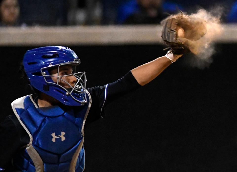 Estacado's Santana Martinez catches the ball against Snyder in a District 5-4A baseball game, Friday, April 14, 2023 at Matador Field.