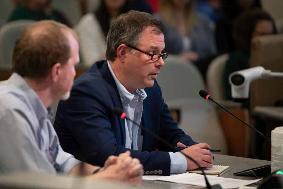 Dr. Joseph Castelli answers questions from Pueblo City Council about a proposed anti-abortion ordinance during a council meeting on Wednesday.