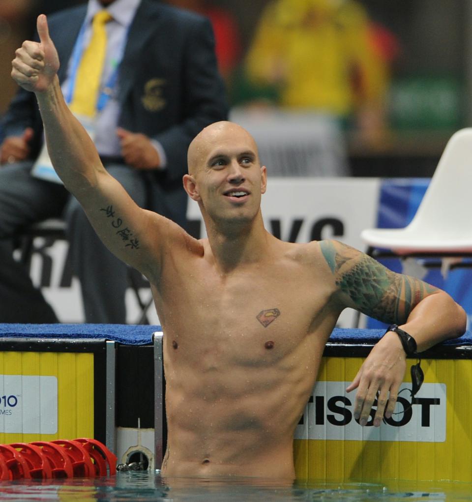 Canadian swimmer Brent Hayden celebrates after victory in the men's 50 metre freestyle final for The Commonwealth Games at the S.P. Mukherjee Aquatics Centre in New Delhi on October 9, 2010. The Commonwealth Games are taking place in the Indian capital from October 3-14. AFP PHOTO / INDRANIL MUKHERJEE (Photo credit should read INDRANIL MUKHERJEE/AFP/Getty Images)