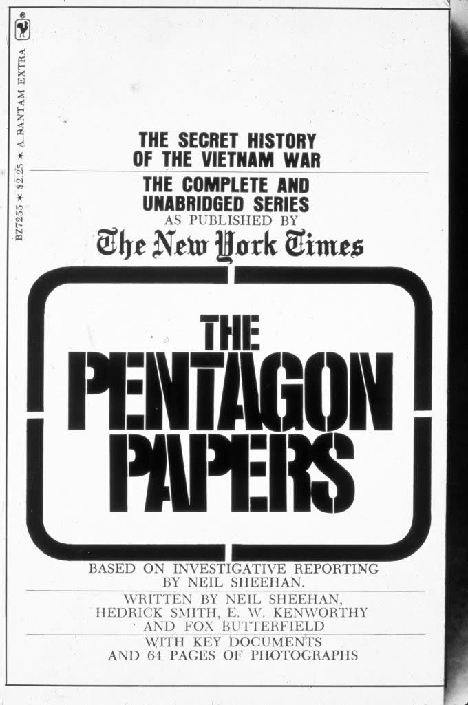 Cover of "The Pentagon Papers" showing title and text about its publication and contents, including photos