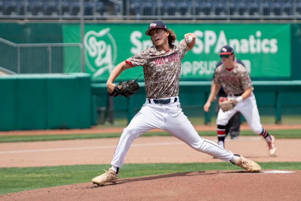 Holy Ghost Prep's Nick Henn pitches against Montour in the PIAA 4A Baseball Championship game at Penn State University's Medlar Field in State College on Thursday, June 16, 2022.