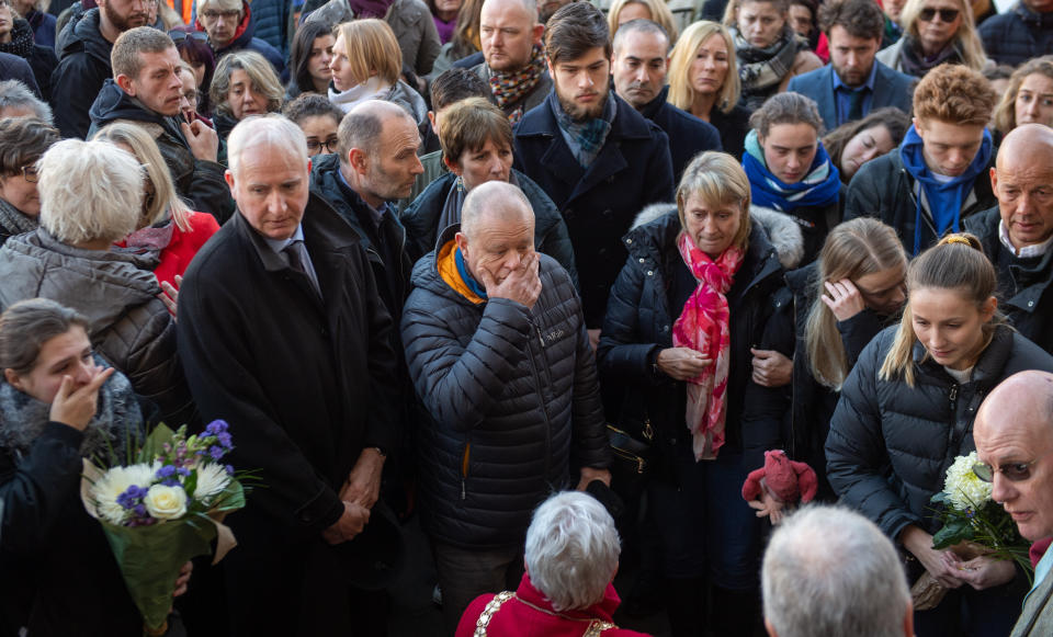 The family of Jack Merritt including his father David (centre) take part in a vigil at the Guildhall in Cambridge to honour students Saskia Jones and Jack Merritt who were both killed in Friday's London Bridge terror attack. (Photo by Joe Giddens/PA Images via Getty Images)