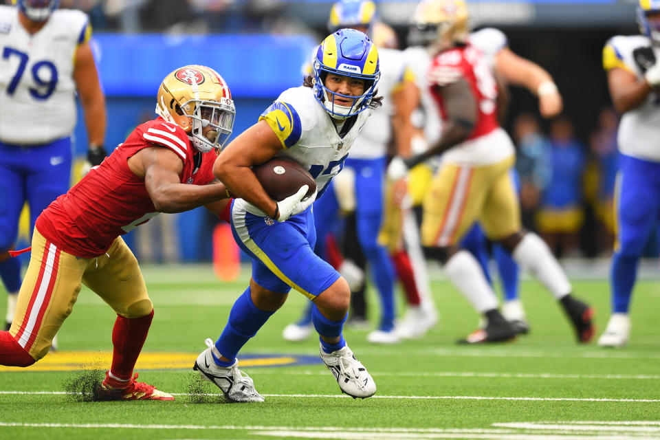 Rams receiver Puka Nacua has been fantasy's biggest surprise so far, but he's going to be a lineup fixture all season long. (Photo by Brian Rothmuller/Icon Sportswire via Getty Images)