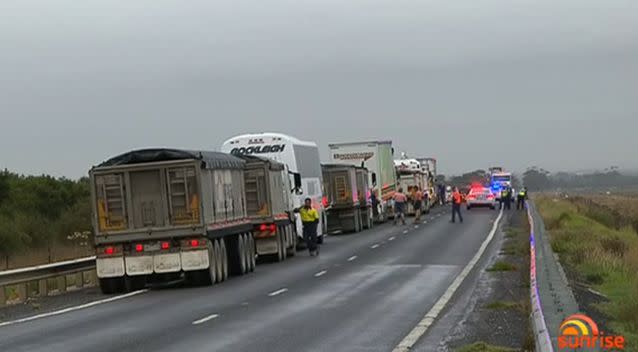 Trucks lined the shoulder of Hopkins Road in Truganina early on Thursday morning. Photo: Sunrise