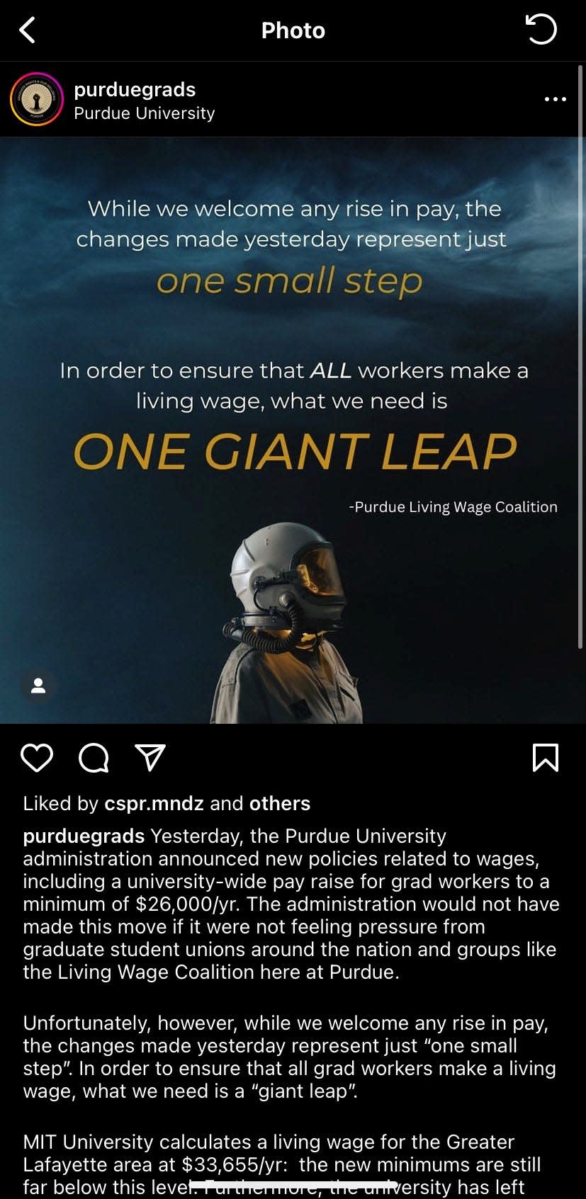 The image posted by the Instagram page "purduegrads", the page for the group Purdue GROW, in response to the university raising the minimum yearly stipend for graduate students.