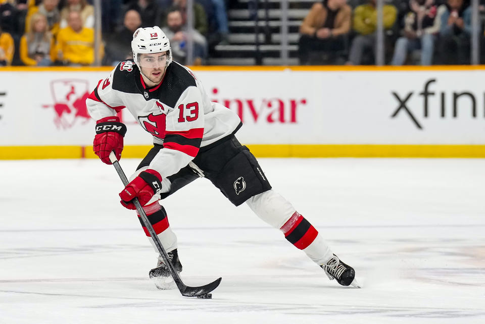 Nico Hischier #13 of the New Jersey Devils has fantasy value