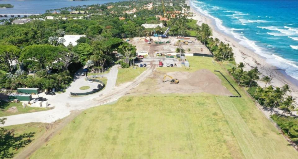 On Billionaires Row in Palm Beach, construction machinery can be see at the far end of a lot at that once housed a mansion at 60 Blossom Way, part of investments billionaire's Ken Griffin mostly vacant ocean-to-lake estate. Griffin is building a house for his mother and guests at the far end. Griffin also owns the grassy area in the foreground at 1265 S. Ocean Blvd. and has said he will one day build himself a retirement home there.