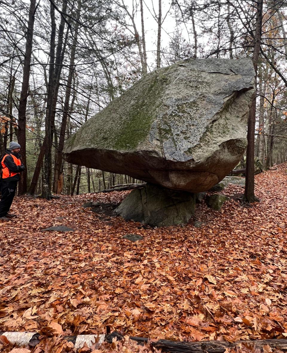 The balancing rock at Orris Falls Preserve is accessible from a short spur trail off the Orris Falls and Balancing Rock Trail in South Berwick, Maine.