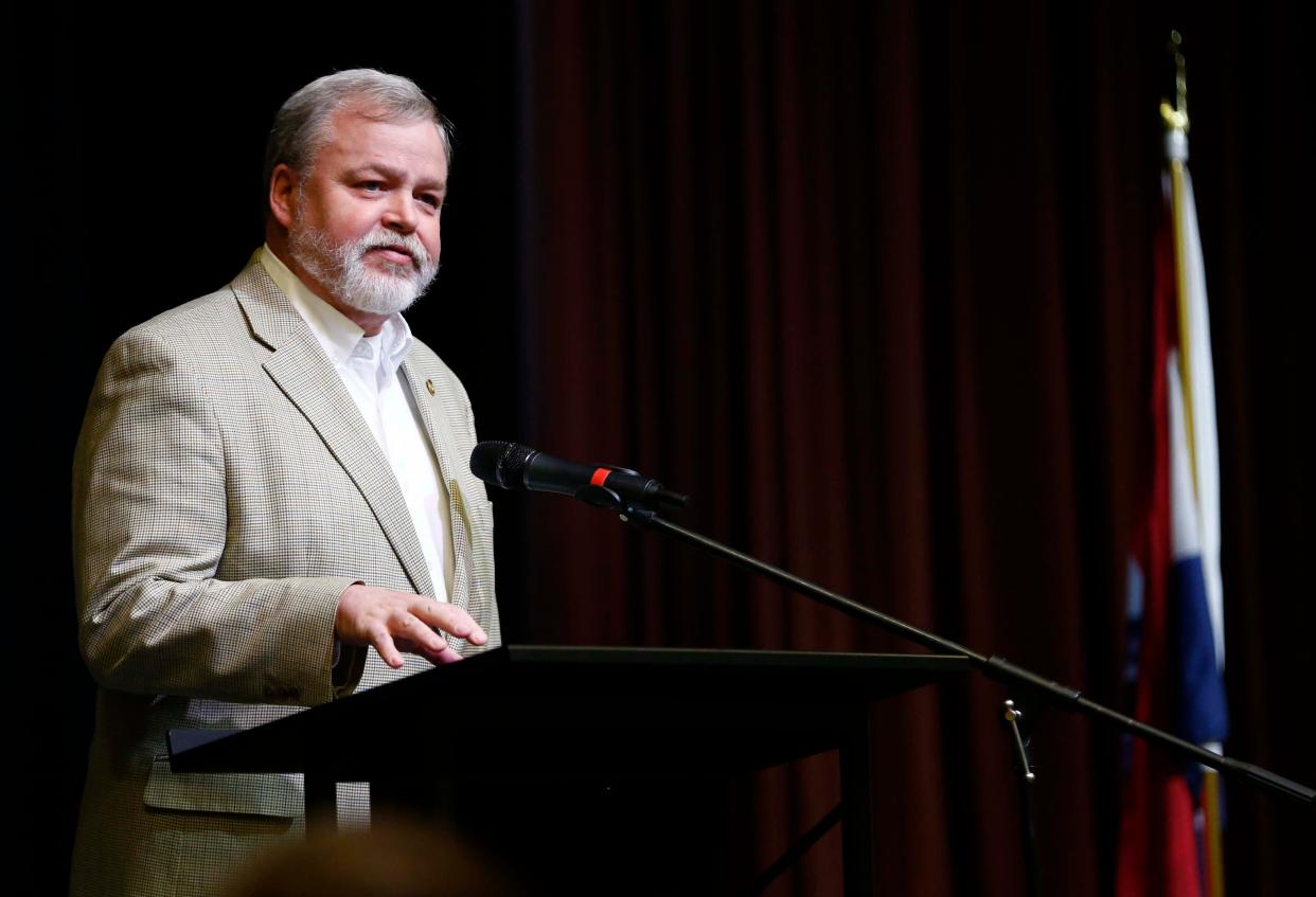 Rep. Darin Chappell, R-Rogersville, speaks to attendees at the GOP Lincoln Day event at the Oasis Convention Center on March 9, 2024.