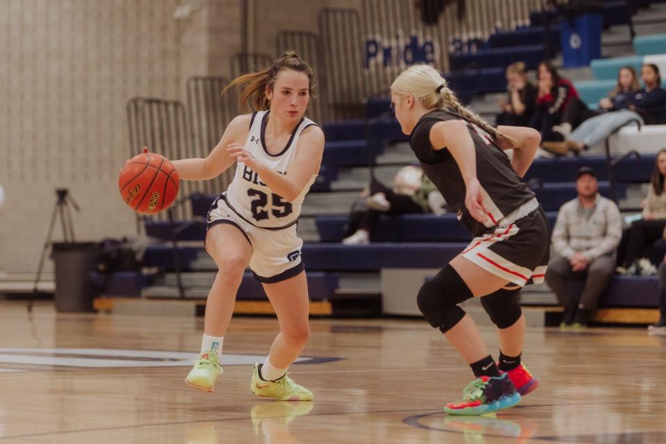 Great Falls High's Dani Senger looks to dribble past the Billings Senior defense Friday night at Swarthout Fieldhouse.