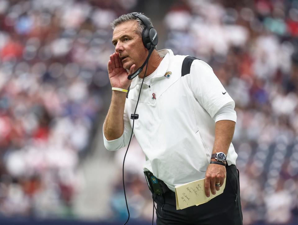 Jacksonville Jaguars head coach Urban Meyer reacts during the second quarter against the Houston Texans at NRG Stadium.