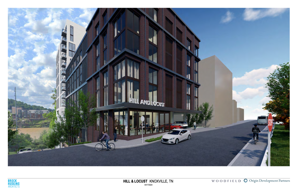 The only public-facing element of the proposed Hill & Locust apartment building is a café on West Hill Avenue. The building is just six stories on this northern side, as opposed to the 16-story elevation on the south side along the river.