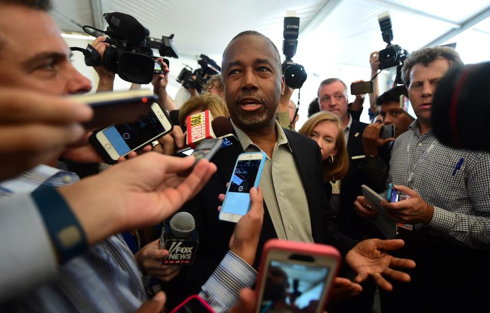 Republican presidential candidate Ben Carson responds to questions from reporters as he enters&nbsp;the press room at the Ronald Reagan Presidential Library in Simi Valley, California, on Sept. 16, 2015, ahead of the&nbsp;Republican presidential debate.
