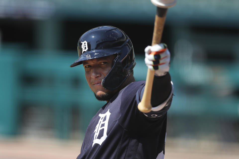 Detroit Tigers' Miguel Cabrera prepares to bat during an intrasquad baseball game, Friday, July 10, 2020, in Detroit. (AP Photo/Carlos Osorio)