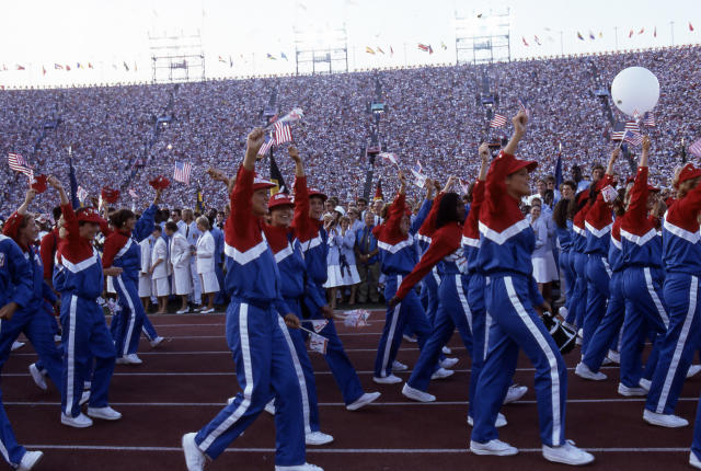Los Angeles, CA - 1984: Opening ceremonies at the 1984 Summer Olympics, US team, Memorial Coliseum, July 28, 1984. (Photo by Walt Disney Television via Getty Images)