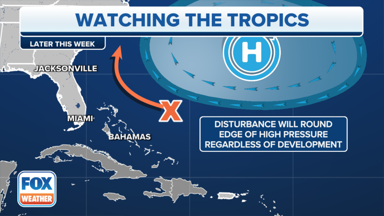 A tropical disturbance spotted in the Atlantic Ocean could develop while heading toward the southeastern U.S., hurricane forecasters warn.
