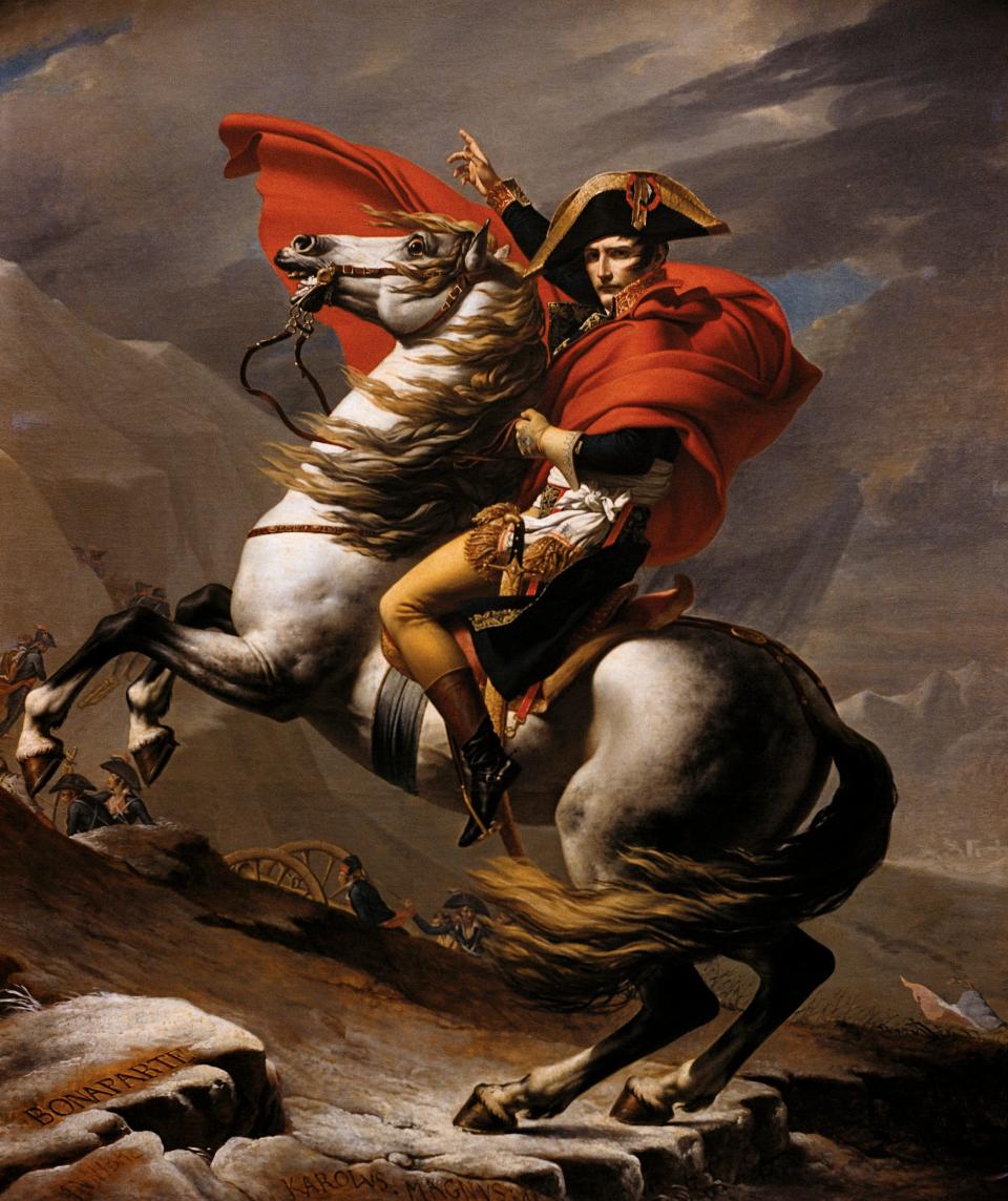 A portrait of Napoleon Bonaparte riding his horse at the St. Bernard Pass.