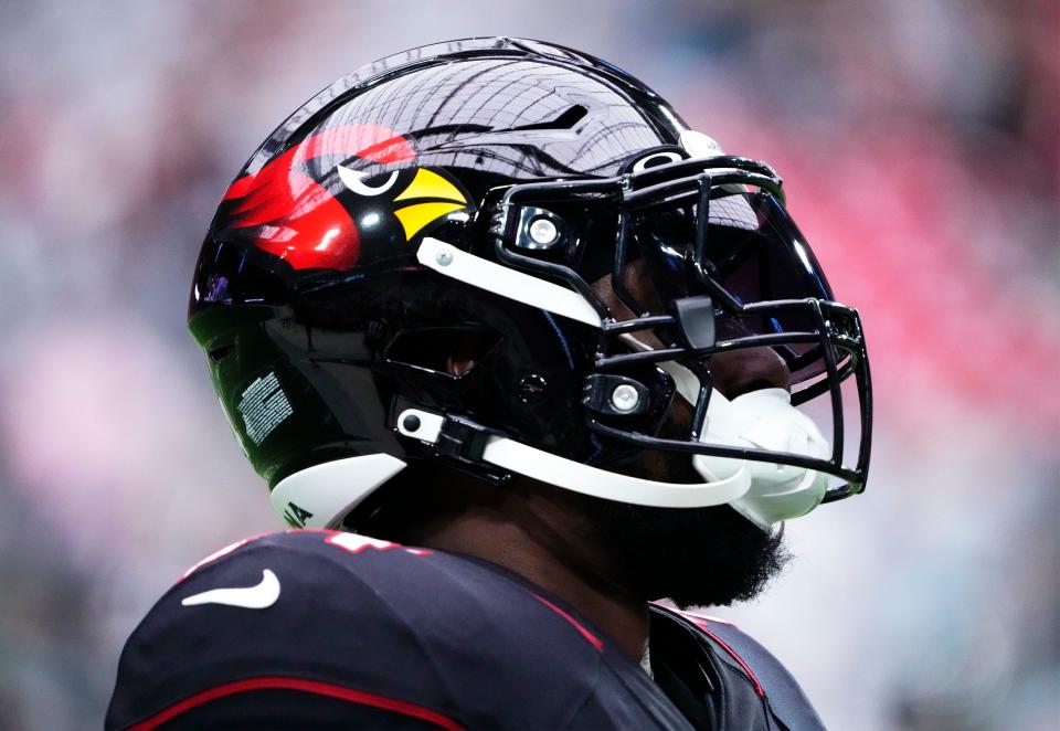 Oct 9, 2022; Phoenix, Arizona, USA; Arizona Cardinals running back Eno Benjamin (26) during the pregame warm-up against the Philadelphia Eagles at State Farm Stadium. Mandatory Credit: Rob Schumacher-Arizona Republic