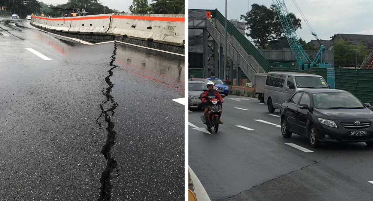 Left: The crack that appeared on a portion of Lornie Road on 1 June 2018. Right: The fissure was repaired later that morning. (Photos via social media)