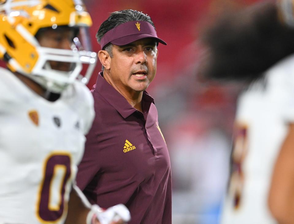 Oct 1, 2022; Los Angeles, California, USA;  Arizona State Sun Devils head coach Shaun Aguano reacts on the field before a game against the USC Trojans at United Airlines Field at the Los Angeles Memorial Coliseum. Mandatory Credit: Jayne Kamin-Oncea-USA TODAY Sports