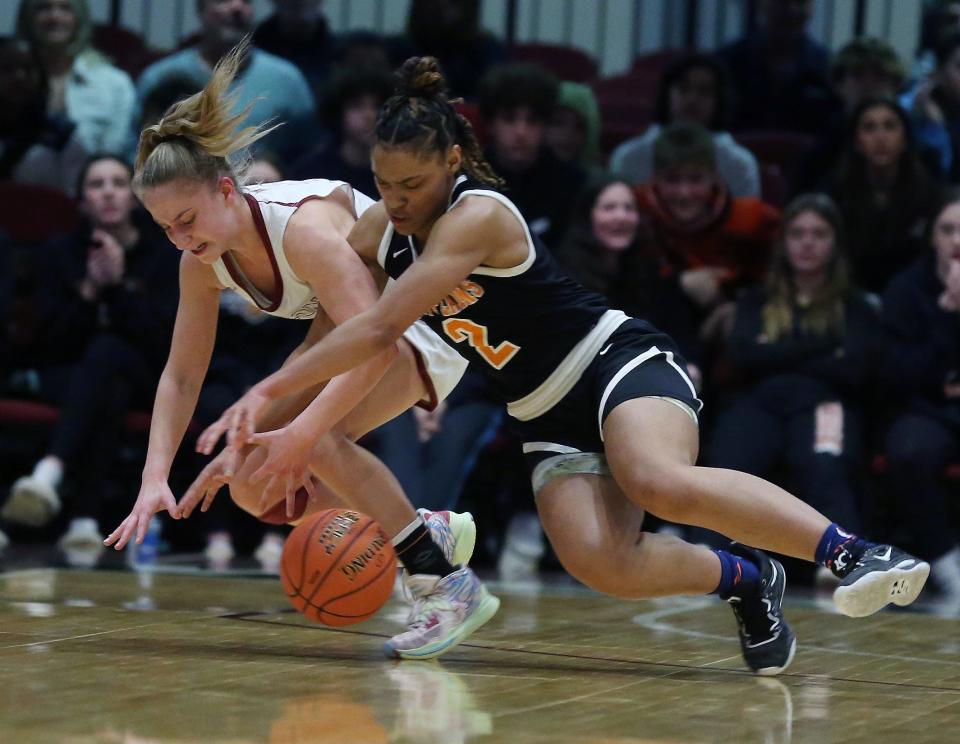 From left, Magnus' Allie Falesto (32) and White Plains' Aliya McIver (2) battle for a loose ball during the girls Section 1 Class AA championship at the Westchester County Center in White Plains March 5, 2023. The two players have gained all-section honors.