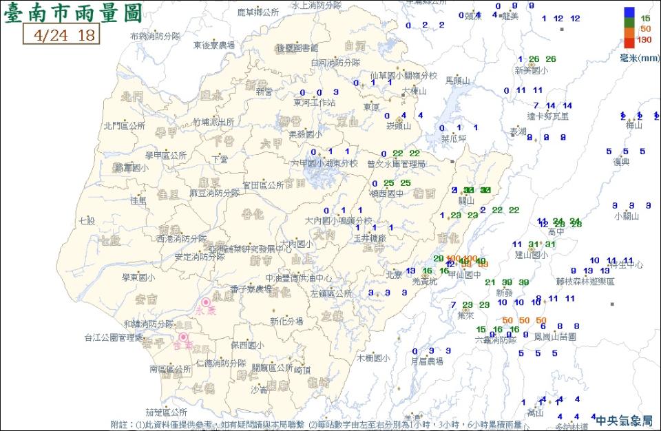 台南市今天久違下起大雨。（圖／翻攝自中央氣象局）