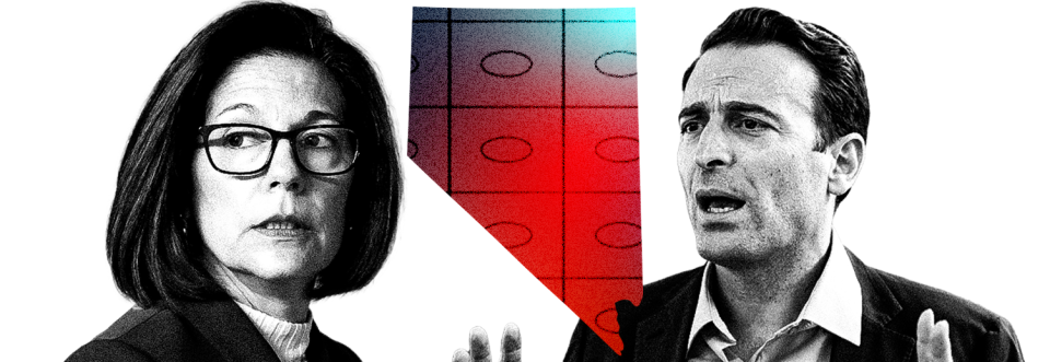 An outline of the state of Nevada with rows and columns of ballot bubbles between Catherine Cortez Masto and Adam Laxalt