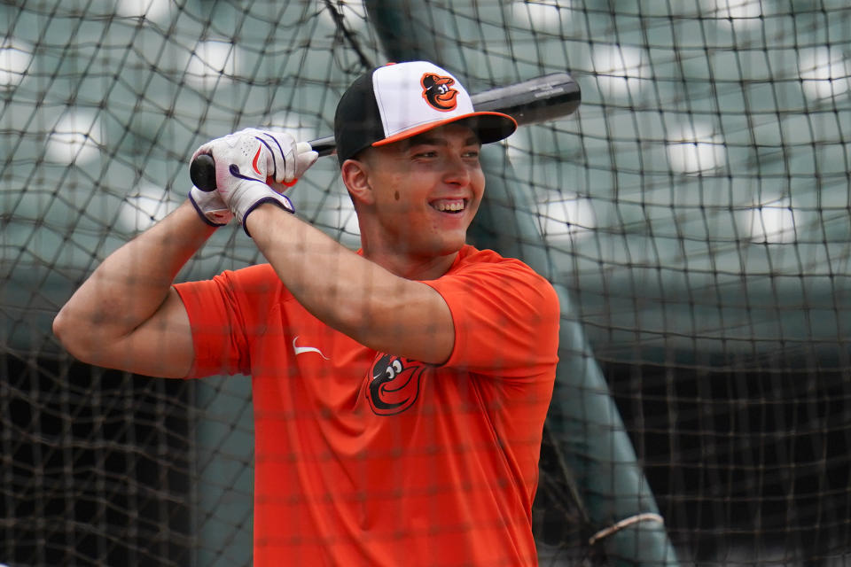 Max Wagner, the Baltimore Orioles second round pick, 42nd overall, in the 2022 draft, takes batting practice prior to a baseball game between the Orioles and the Tampa Bay Rays, Tuesday, July 26, 2022, in Baltimore. (AP Photo/Julio Cortez)