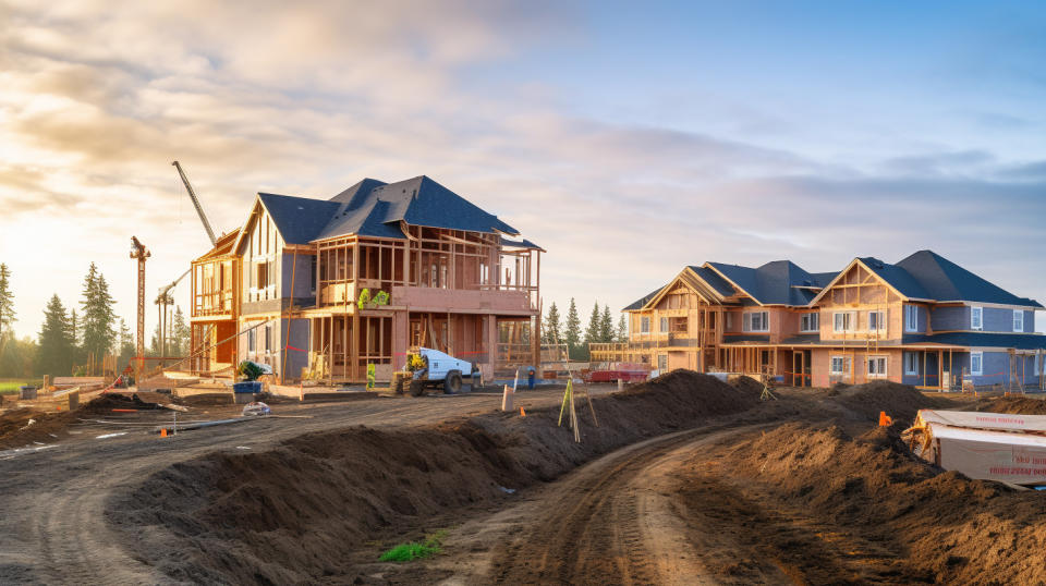 A construction site with new single-family homes framing the horizon.