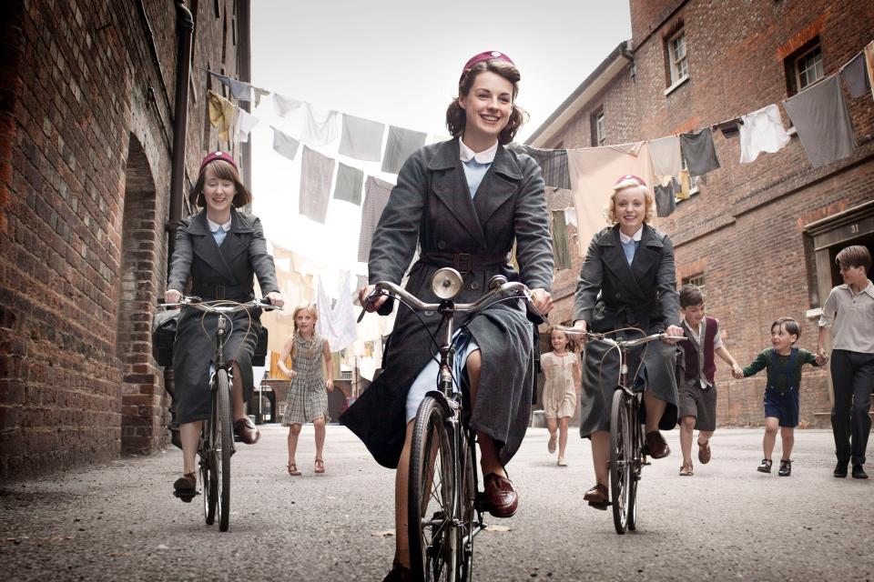 Bryony Hannah, from left, Jessica Raine and Helen George in an early season of "Call the Midwife" on PBS.