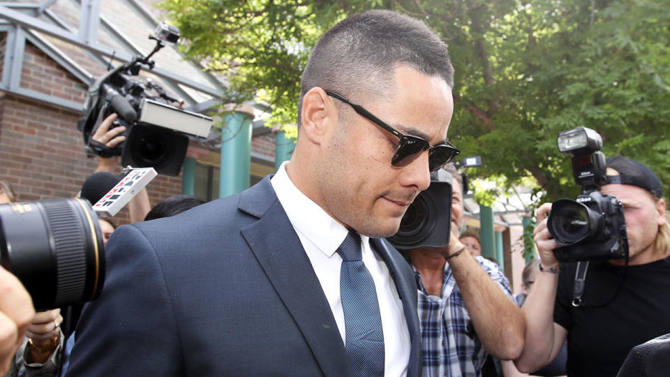 Jarryd Hayne leaves the Burwood Local Court on Monday morning. Pic: Getty