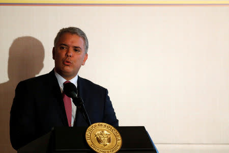 Colombia's President Ivan Duque speaks during a meeting of the Lima Group in Bogota, Colombia, February 25, 2019. Picture taken February 25, 2019. REUTERS/Luisa Gonzalez