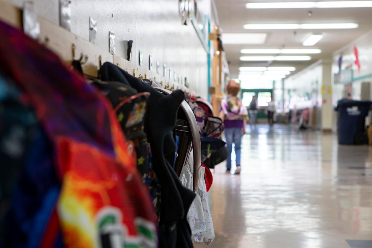 Backpacks line the hallways May 31 at Yujin Gakuen Japanese Immersion Elementary School in Eugene.