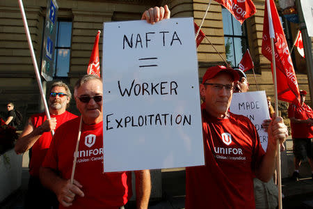 Members of Canada's Unifor union chant during a rally ahead of the third round of NAFTA talks involving the United States, Mexico and Canada in Ottawa, Ontario, Canada, September 22, 2017. REUTERS/Chris Wattie