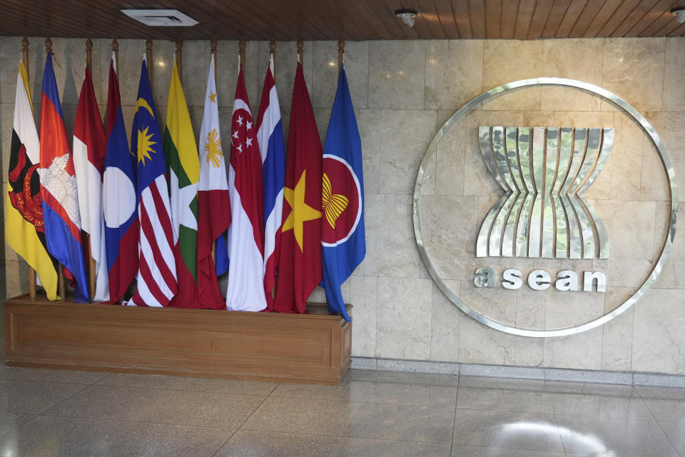 National flags of ASEAN members are on display inside the ASEAN building in Jakarta, Indonesia, Friday, Feb. 3, 2023. Southeast Asian foreign ministers are meeting in Indonesia's capital Friday for talks bound to be dominated by the deteriorating situation in Myanmar despite an agenda focused on food and energy security and cooperation in finance and health. (AP Photo/Achmad Ibrahim)