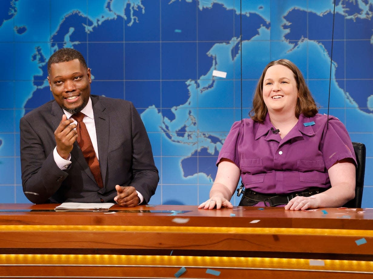 Michael Che and Molly Kearney during Weekend Update on Saturday, April 15, 2023.