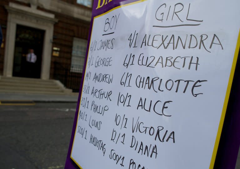 A board shows the betting odds for names for the child of Prince William and wife Catherine, in London, on July 10, 2013. As the Royal couple mull over names, they would do well to heed mounting evidence that a name can influence everything from your school grades and career choice to who you marry and where you live
