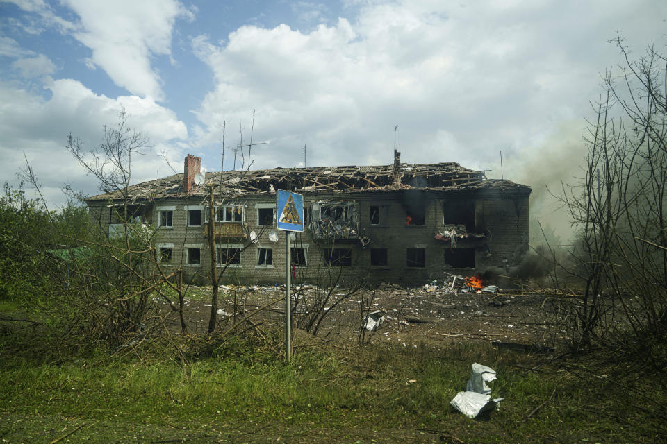 A damaged residential house after a Russian airstrike in Vovchansk, Ukraine, on Saturday, May 11, 2024. (AP Photo/Evgeniy Maloletka)