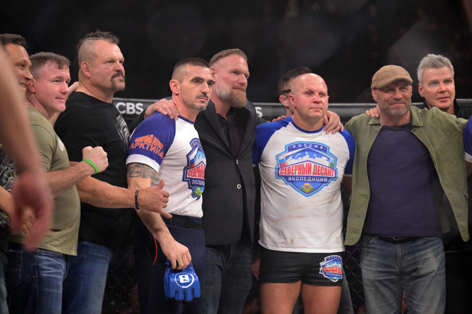 Inglewood, CA - February 04: Fedor Emelianenko takes a photo with MMA pioneers after his heavyweight championship fight against champion Ryan Bader during Bellator 290: Bader vs. Fedor 2 at the Kia Forum in Inglewood, CA, Saturday, Feb 4, 2023. The fight was the last for Emelianenkos career and he was defeated by Ryan Bader by first round TKO. (Photo by Hans Gutknecht/MediaNews Group/Los Angeles Daily News via Getty Images)