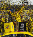 Joey Logano celebrates after winning a NASCAR Cup Series auto race at Las Vegas Motor Speedway on Sunday, Feb. 23, 2020. (AP Photo/Chase Stevens)