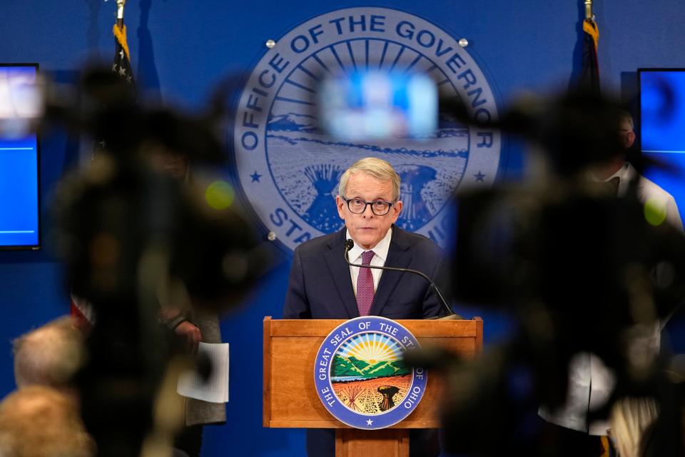 Feb 14, 2023; Columbus, Ohio, 43215;  Gov. Mike DeWine speaks about the East Palestine train derailment with his cabinet officials during a press conference. Mandatory Credit: Adam Cairns-The Columbus Dispatch