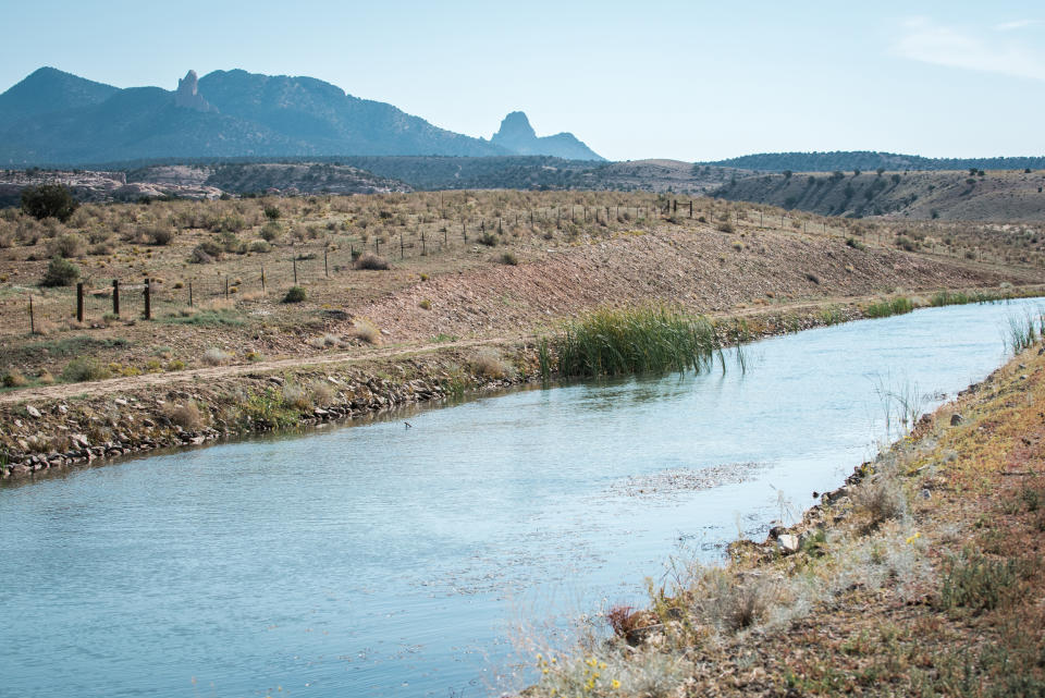 The canal that supplies water to the Ute Mountain Ute Tribe Farm and Ranch Enterprise on Sept. 8, 2022. (Cate Dingley for NBC News)