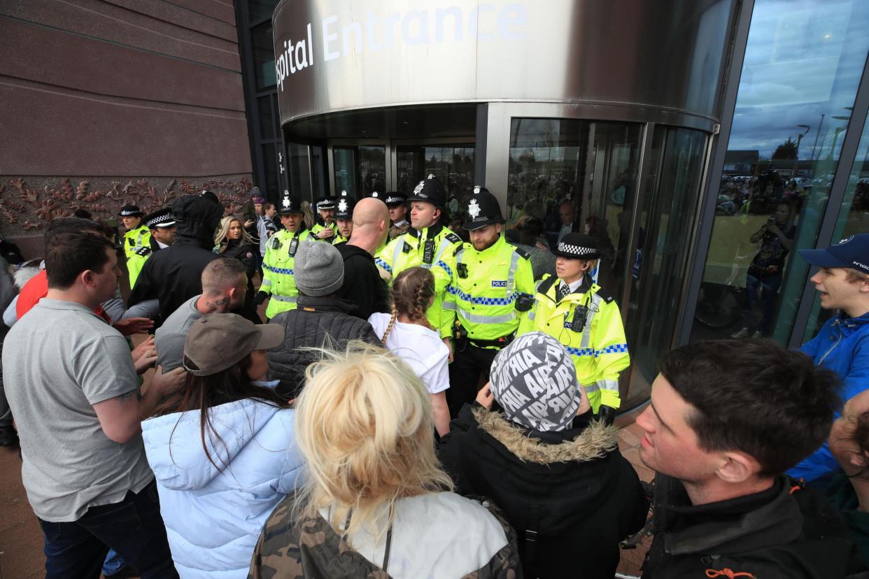 Police block protesters from the entrance to Alder Hey Children's Hospital in Liverpool after a court rejected an appeal against the decision to end Alfie Evans' life-support: PA