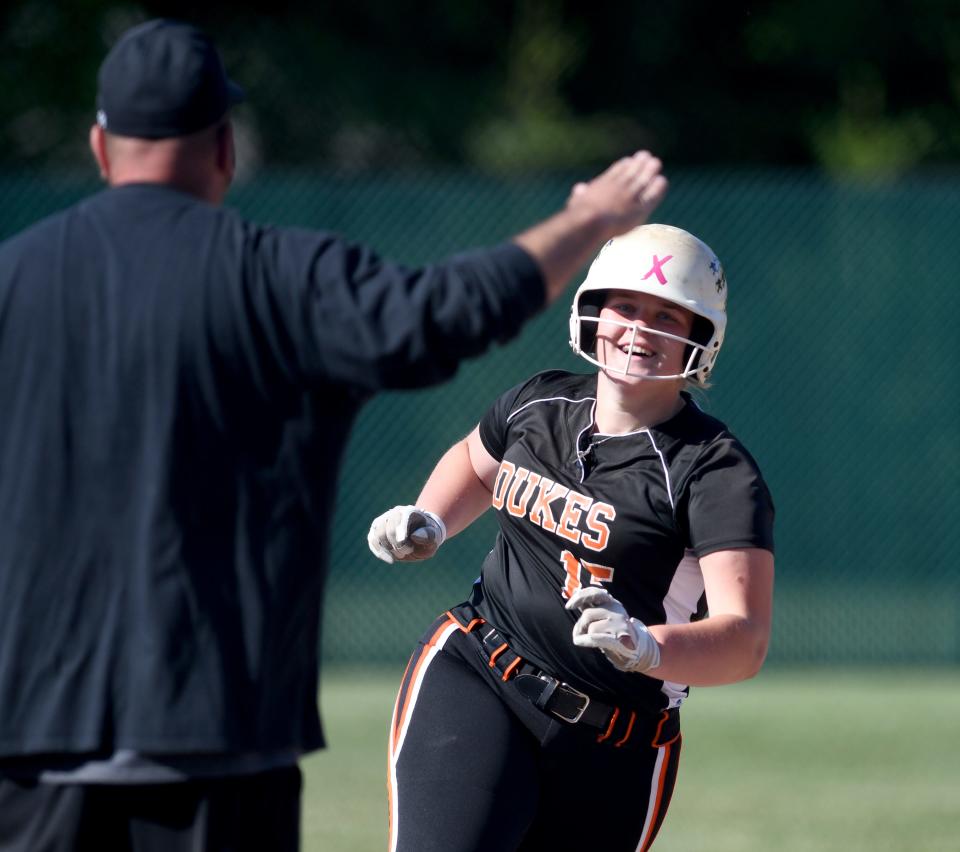 Marlington's Emma Jackson rounds third after a first-inning home run against Canfield in the Division II regional final, Friday, May 26, 2023, at Nordonia.