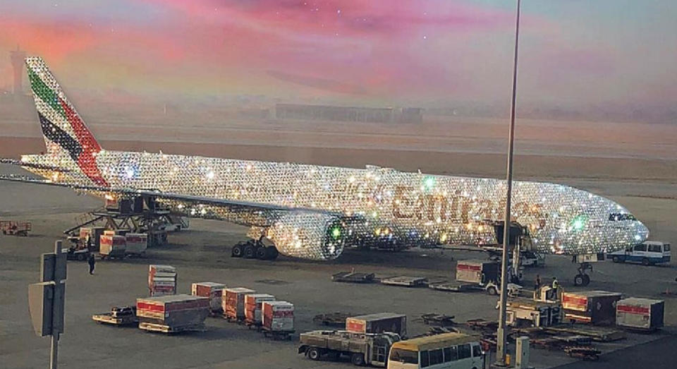 The plane appears to be a Boeing 777 covered in diamonds. [Photo: Twitter/@emirates]