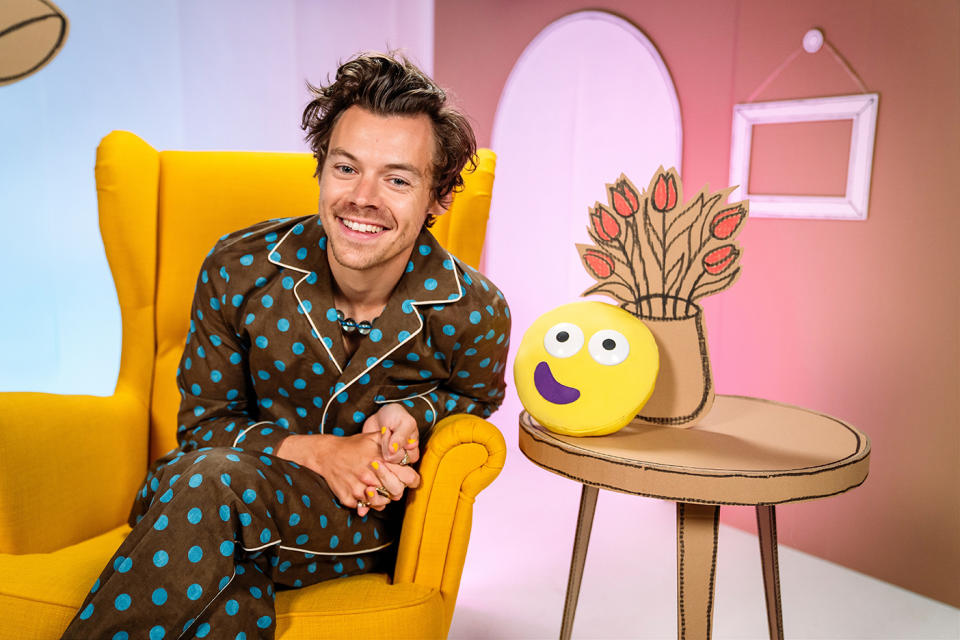 Harry Styles reading the CBeebies Bedtime Story in his pyjamas. (BBC)