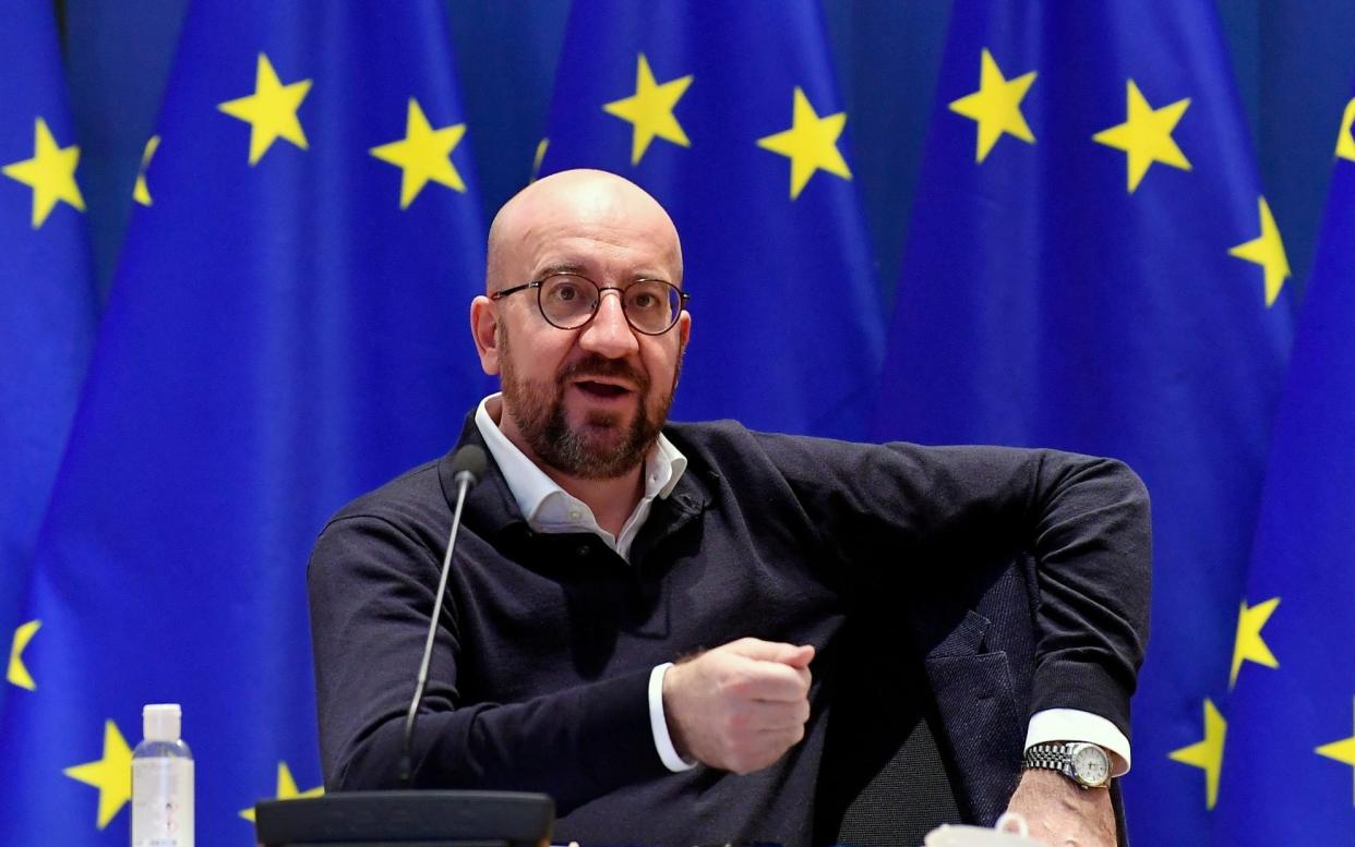 European Council president Charles Michel takes part in a video-conference with the German Chancellor at the council in Brussels, in March - John Thys/Reuters