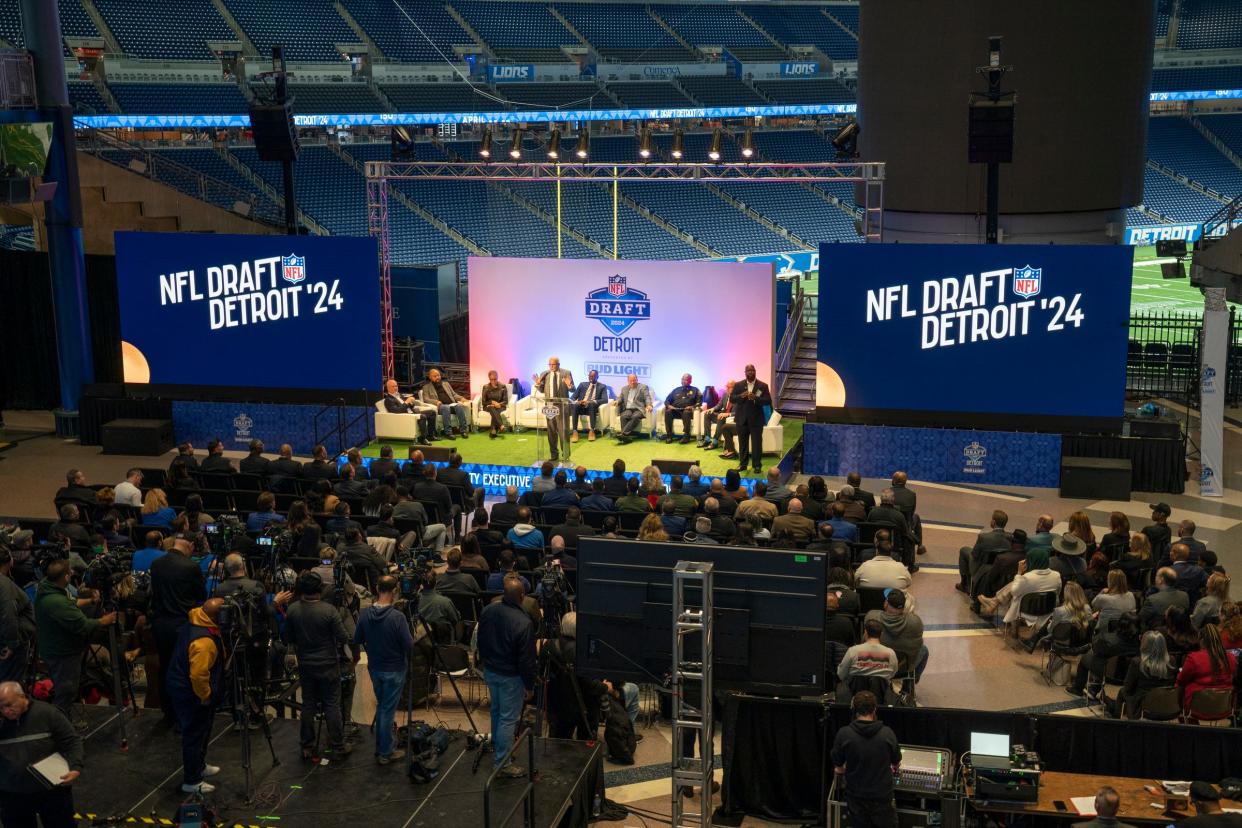 Wayne County Executive Warren C. Evans takes the stage as Detroit Sports Commission and Visit Detroit during a press conference at Ford Field on Monday, Nov. 27, 2023. Today marks 150 days until the 2024 NFL Draft that will take place in Detroit April 25-27, 2024.